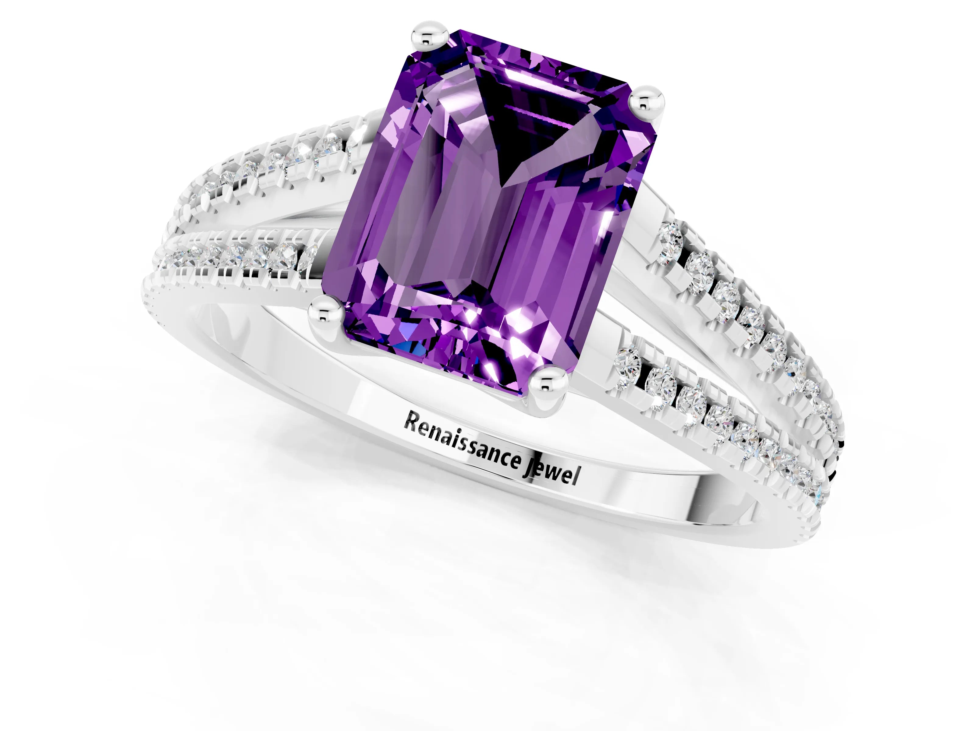 White gold Emerald Cut Amethyst Solitaire Engagement Ring with Split Shank Pavé Band_1