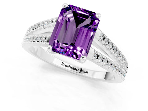 White gold Emerald Cut Amethyst Solitaire Engagement Ring with Split Shank Pavé Band_1