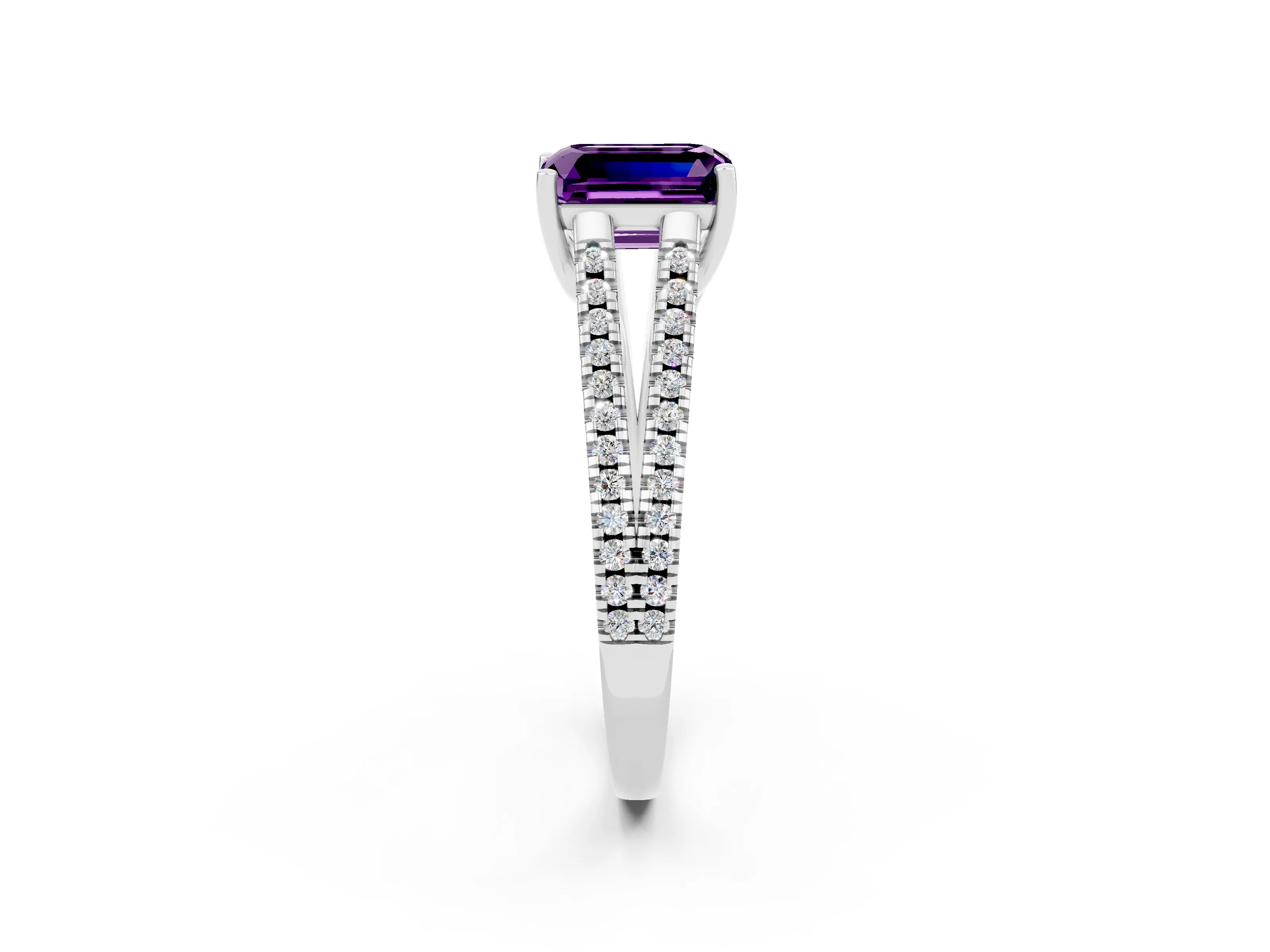 White gold Emerald Cut Amethyst Solitaire Engagement Ring with Split Shank Pavé Band_2