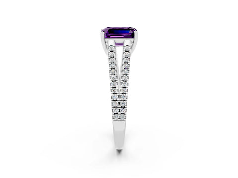 White gold Emerald Cut Amethyst Solitaire Engagement Ring with Split Shank Pavé Band_2