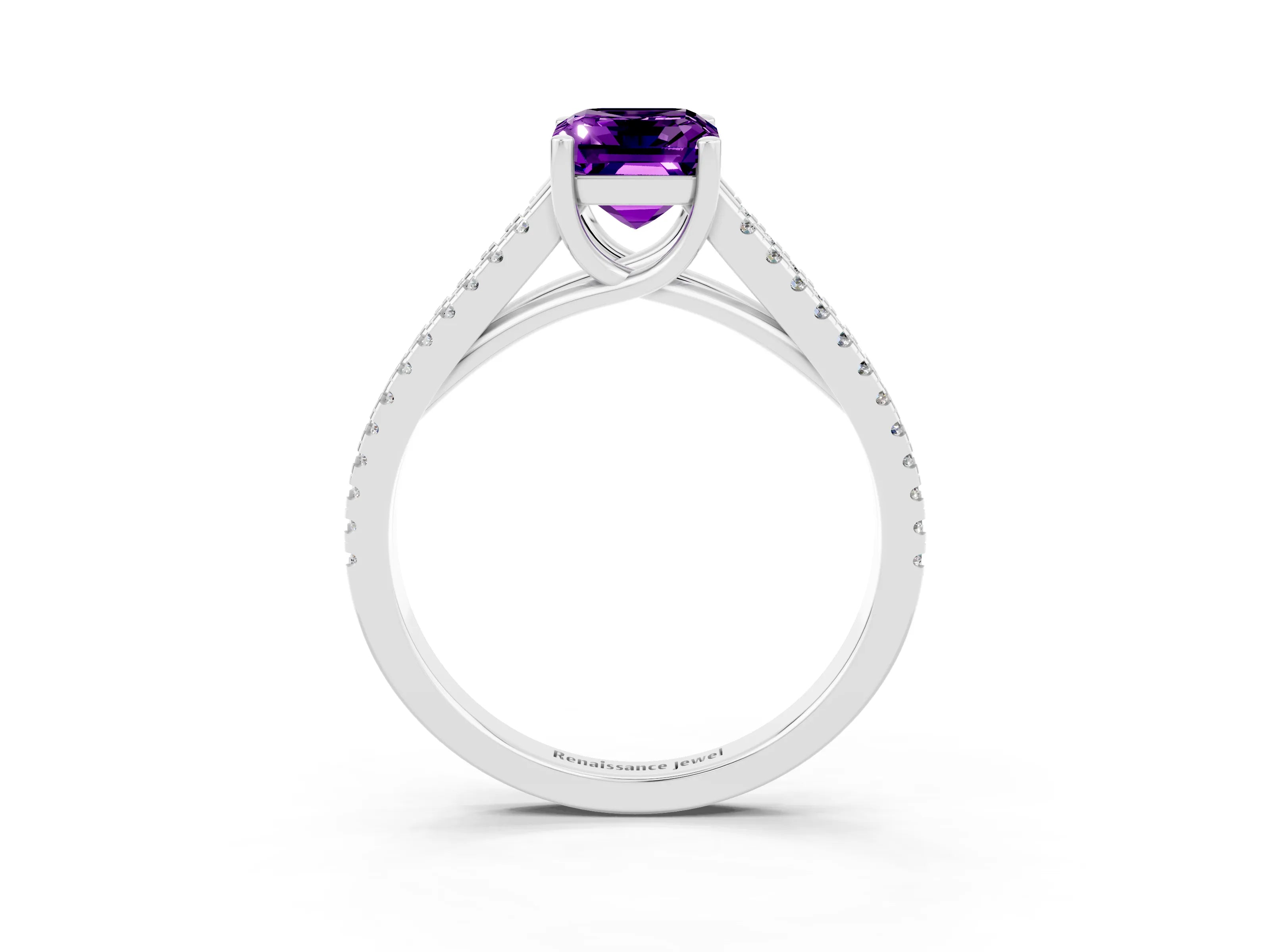 White gold Emerald Cut Amethyst Solitaire Engagement Ring with Split Shank Pavé Band_3