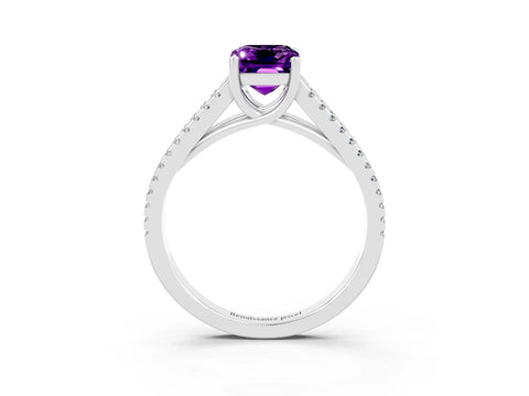 White gold Emerald Cut Amethyst Solitaire Engagement Ring with Split Shank Pavé Band_3
