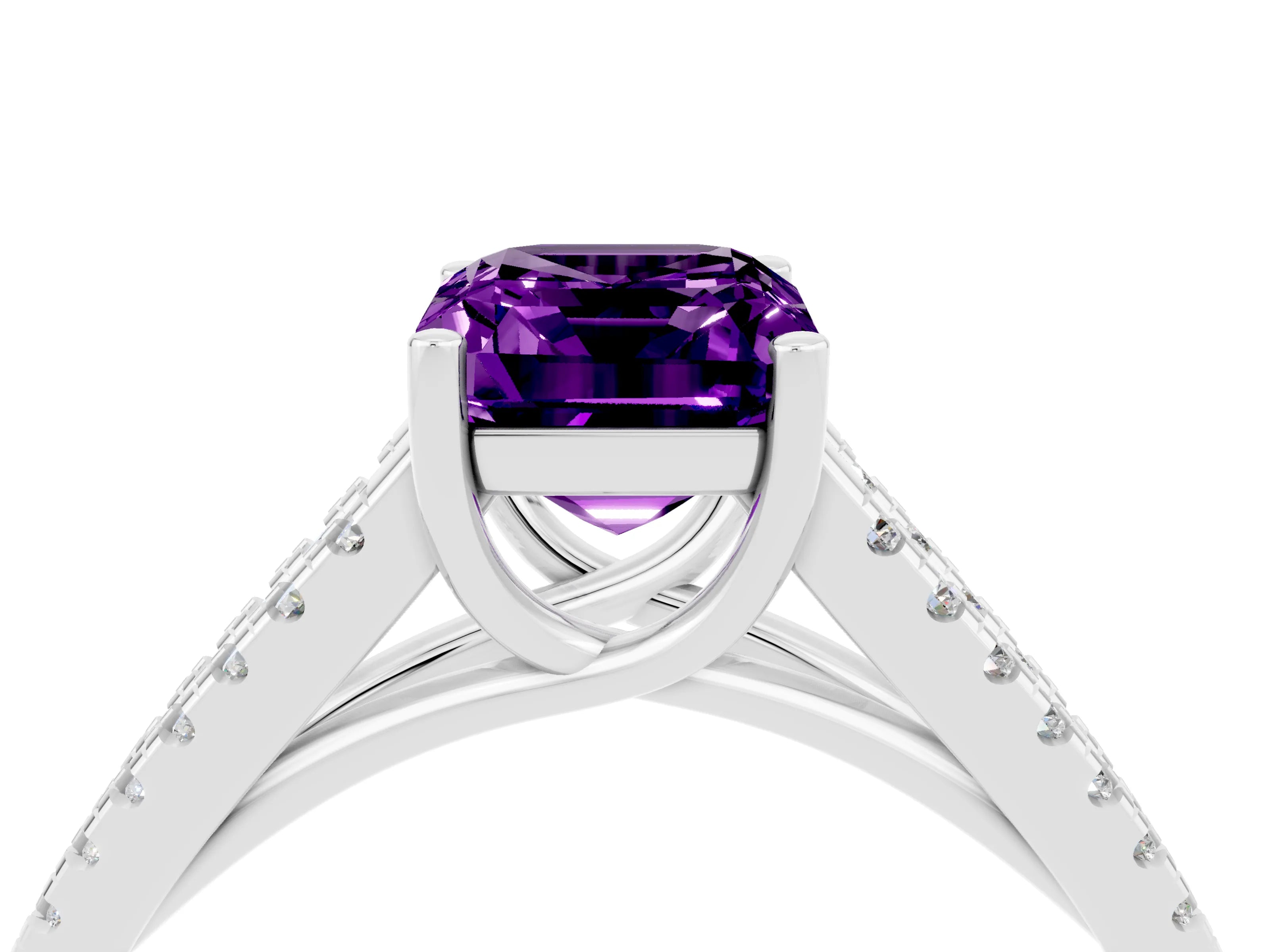 White gold Emerald Cut Amethyst Solitaire Engagement Ring with Split Shank Pavé Band_4