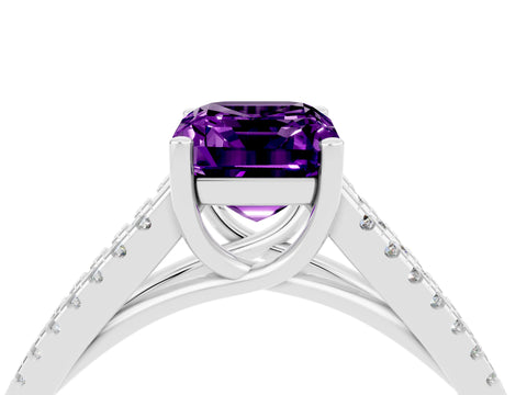 White gold Emerald Cut Amethyst Solitaire Engagement Ring with Split Shank Pavé Band_4