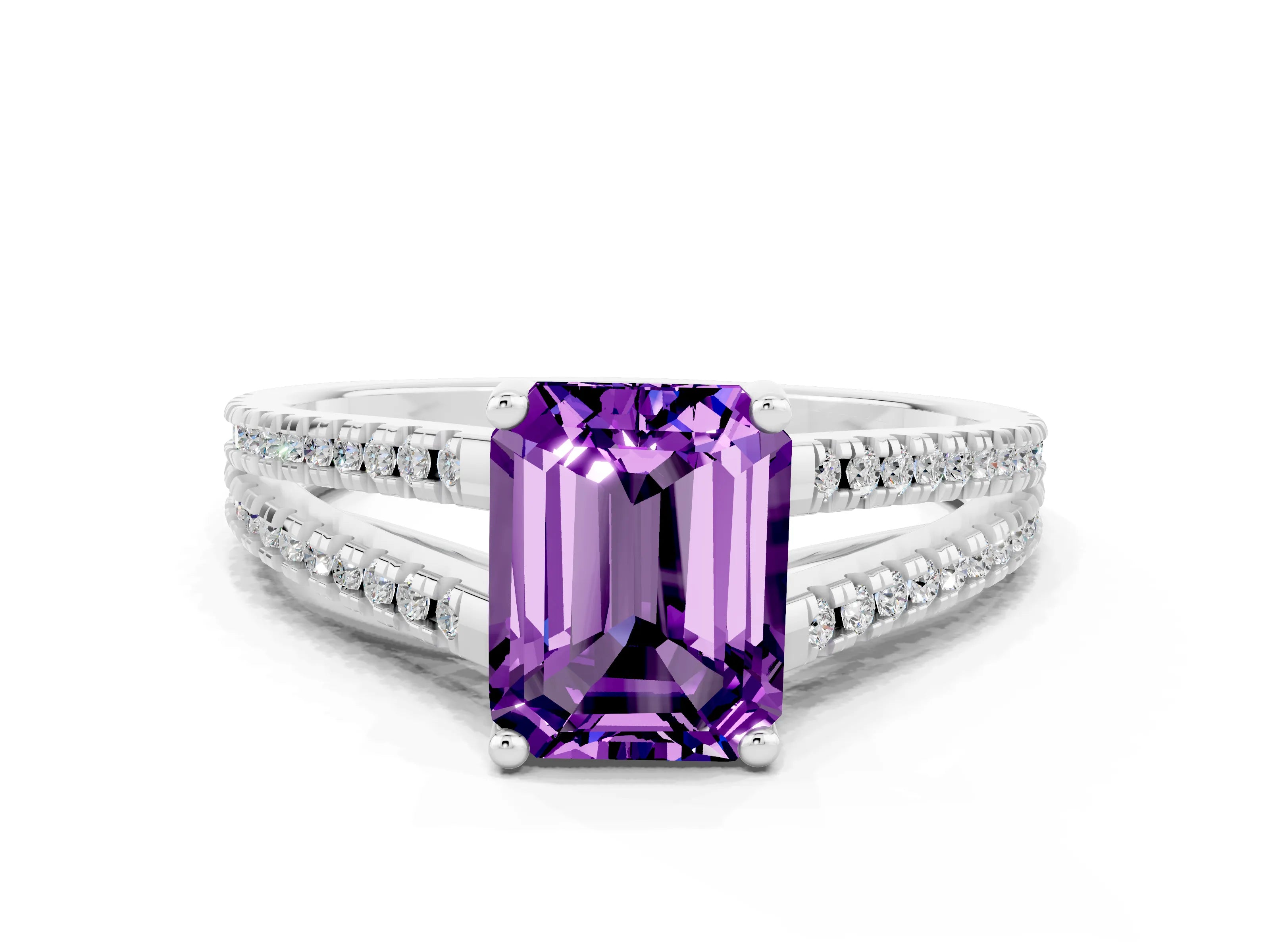 White gold Emerald Cut Amethyst Solitaire Engagement Ring with Split Shank Pavé Band