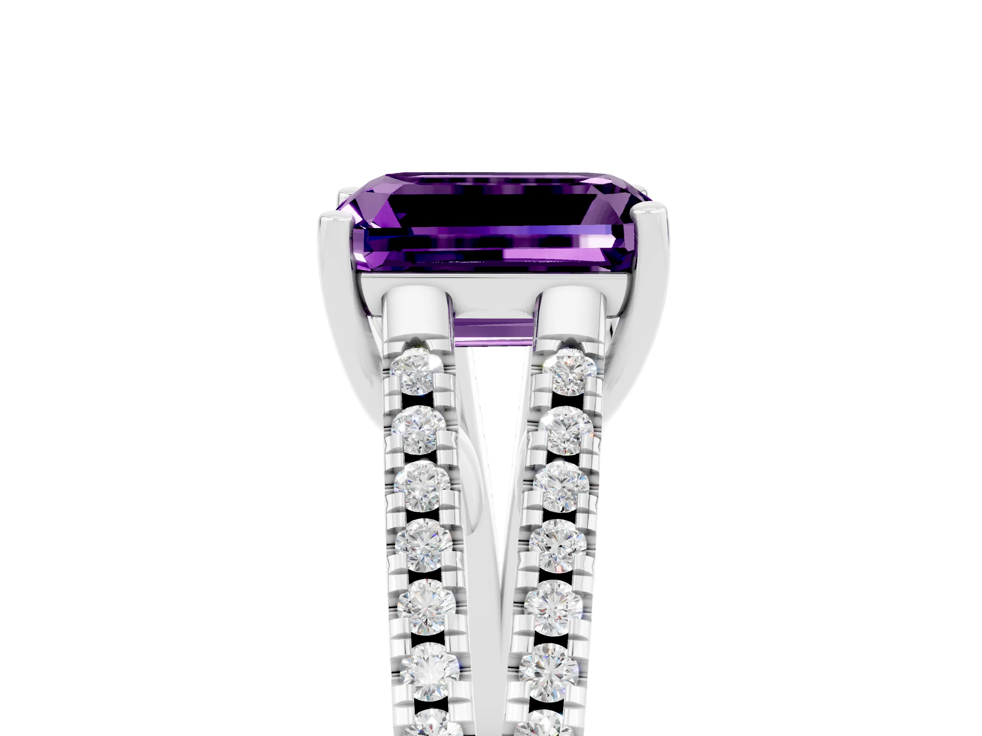 White gold Emerald Cut Amethyst Solitaire Engagement Ring with Split Shank Pavé Band_5
