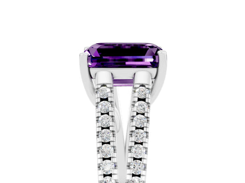 White gold Emerald Cut Amethyst Solitaire Engagement Ring with Split Shank Pavé Band_5