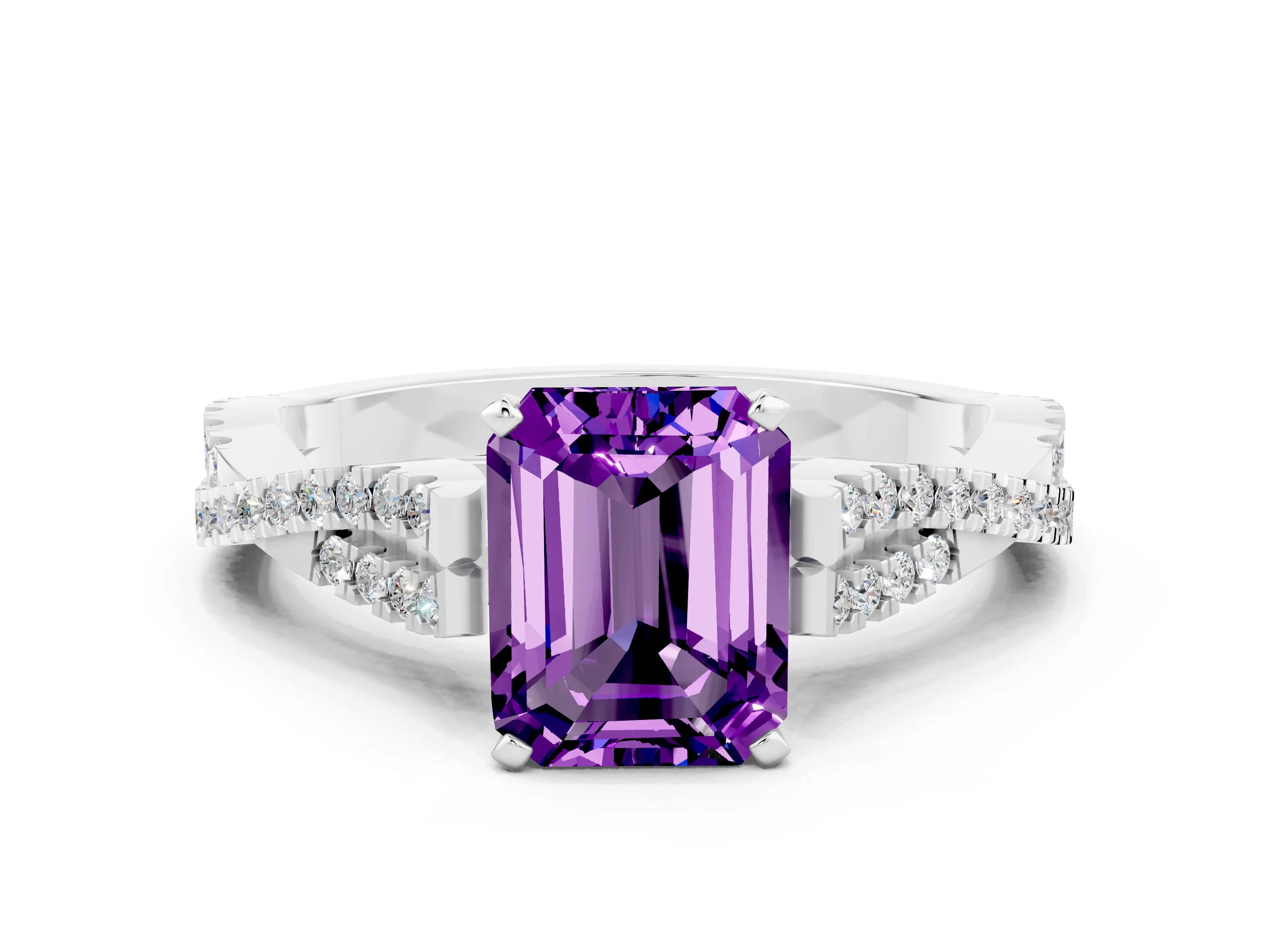 White gold Emerald Cut Amethyst Solitaire Engagement Ring with Twisted Pavé Band and Four-Prong Setting