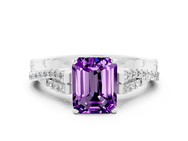 Platinum Emerald Cut Amethyst Solitaire Engagement Ring with Twisted Pavé Band and Four-Prong Setting