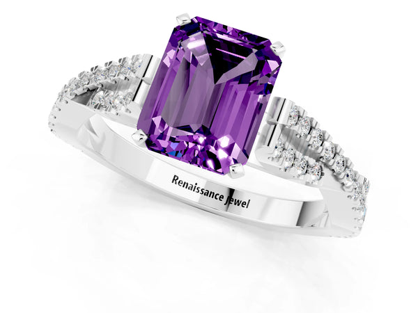 White gold Emerald Cut Amethyst Solitaire Engagement Ring with Twisted Pavé Band and Four-Prong Setting