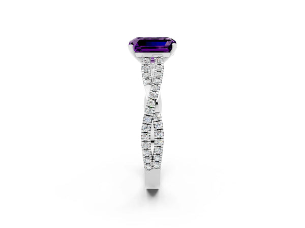 Platinum Emerald Cut Amethyst Solitaire Engagement Ring with Twisted Pavé Band and Four-Prong Setting