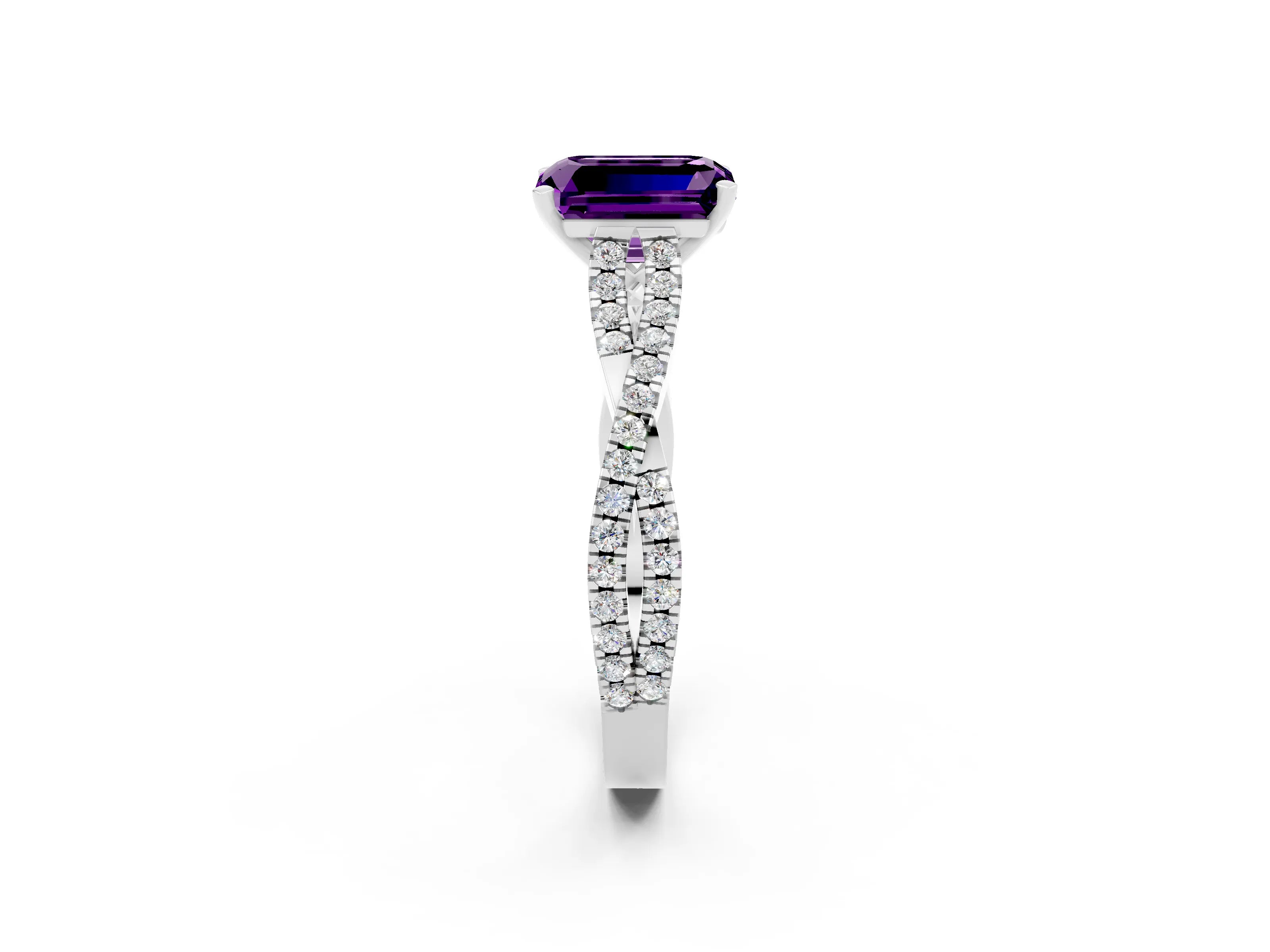 White gold Emerald Cut Amethyst Solitaire Engagement Ring with Twisted Pavé Band and Four-Prong Setting_2