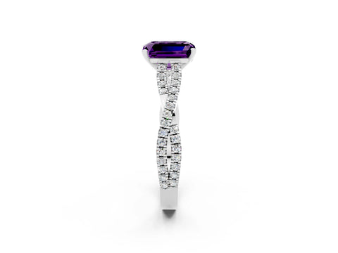 White gold Emerald Cut Amethyst Solitaire Engagement Ring with Twisted Pavé Band and Four-Prong Setting_2