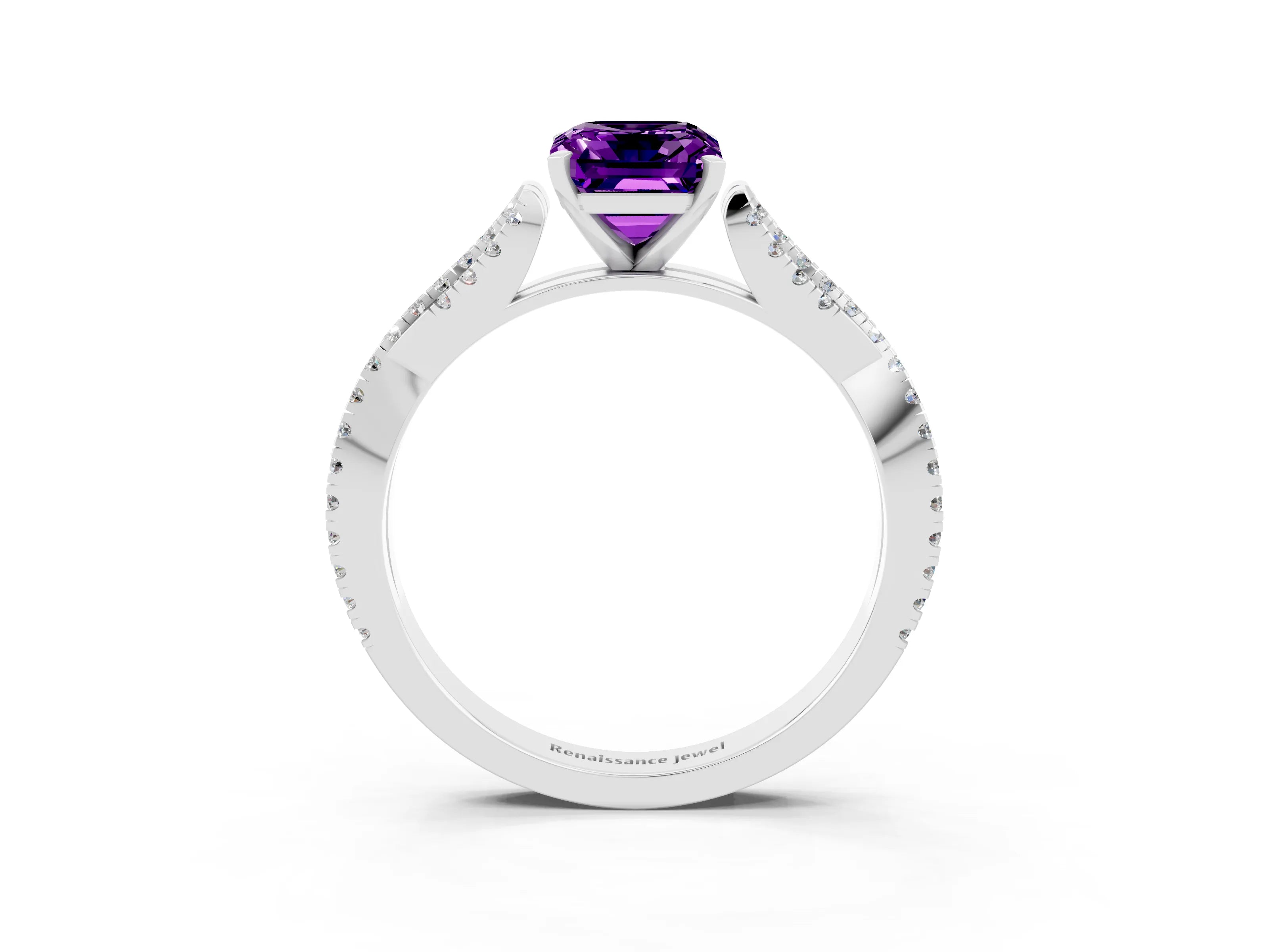 White gold Emerald Cut Amethyst Solitaire Engagement Ring with Twisted Pavé Band and Four-Prong Setting_3