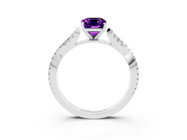White gold Emerald Cut Amethyst Solitaire Engagement Ring with Twisted Pavé Band and Four-Prong Setting