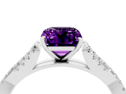 White gold Emerald Cut Amethyst Solitaire Engagement Ring with Twisted Pavé Band and Four-Prong Setting_4