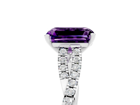 White gold Emerald Cut Amethyst Solitaire Engagement Ring with Twisted Pavé Band and Four-Prong Setting_5