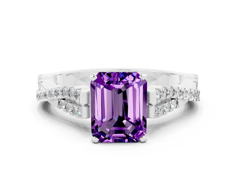 White gold Emerald Cut Amethyst Solitaire Engagement Ring with Twisted Pavé Band and Four-Prong Setting