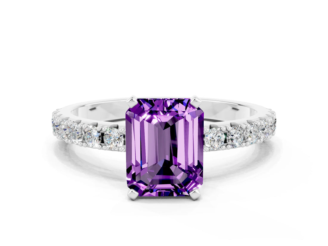 White gold Emerald Cut Amethyst Solitaire Pavé Band with Four-Prong Setting