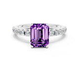 White gold Emerald Cut Amethyst Solitaire Pavé Band with Four-Prong Setting