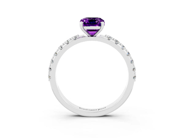 White gold Emerald Cut Amethyst Solitaire Pavé Band with Four-Prong Setting