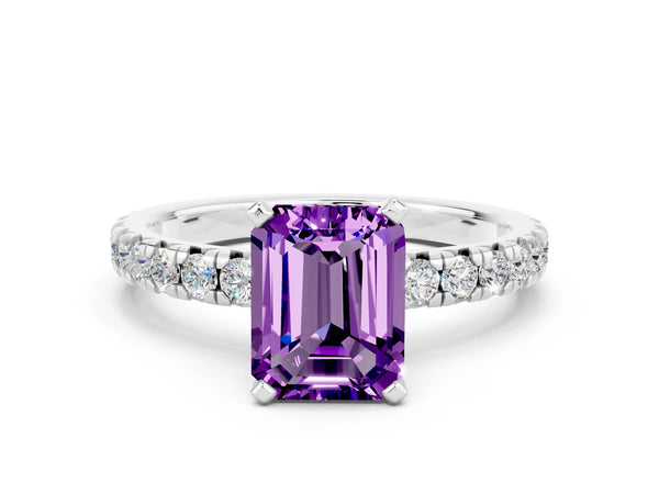 Platinum Emerald Cut Amethyst Solitaire Pavé Engagement Ring with Round Band and Prong Setting