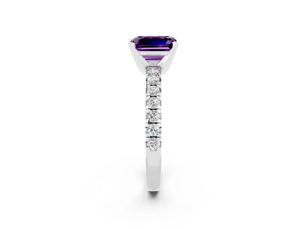 Platinum Emerald Cut Amethyst Solitaire Pavé Engagement Ring with Round Band and Prong Setting