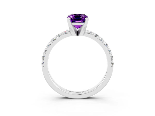 Platinum Emerald Cut Amethyst Solitaire Pavé Engagement Ring with Round Band and Prong Setting