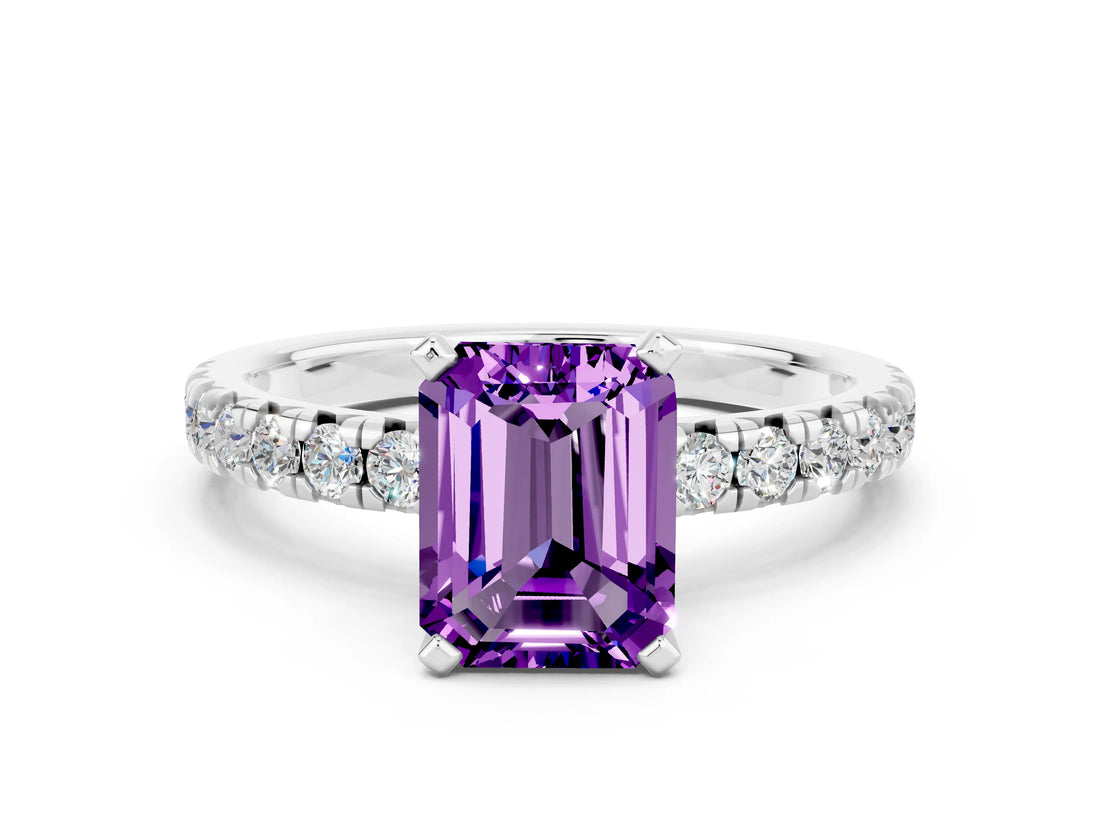 White gold Emerald Cut Amethyst Solitaire Pavé Engagement Ring with Round Band and Prong Setting_60