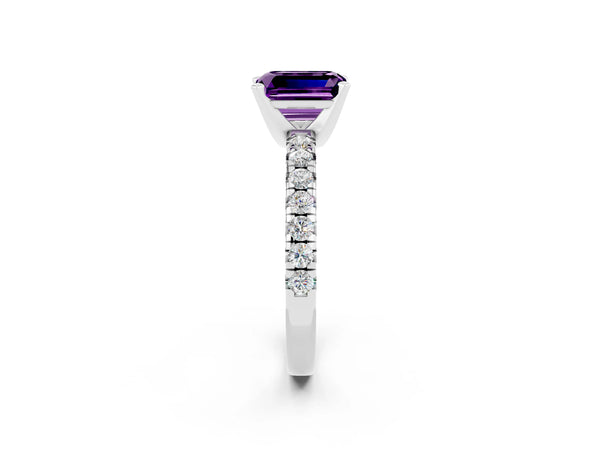 Platinum Emerald Cut Amethyst Solitaire Pavé Engagement Ring with Round Band and Prong Setting