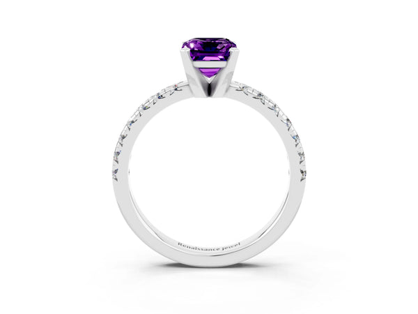 White gold Emerald Cut Amethyst Solitaire Pavé Engagement Ring with Round Band and Prong Setting