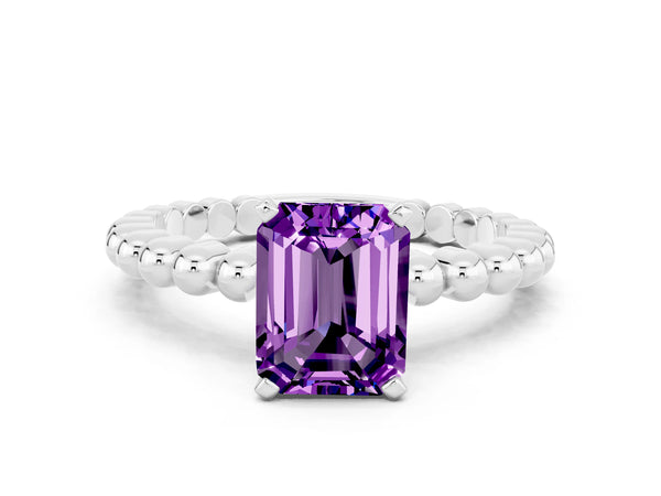White gold Emerald Cut Amethyst Solitaire Ring with Beaded Band and Prong Setting
