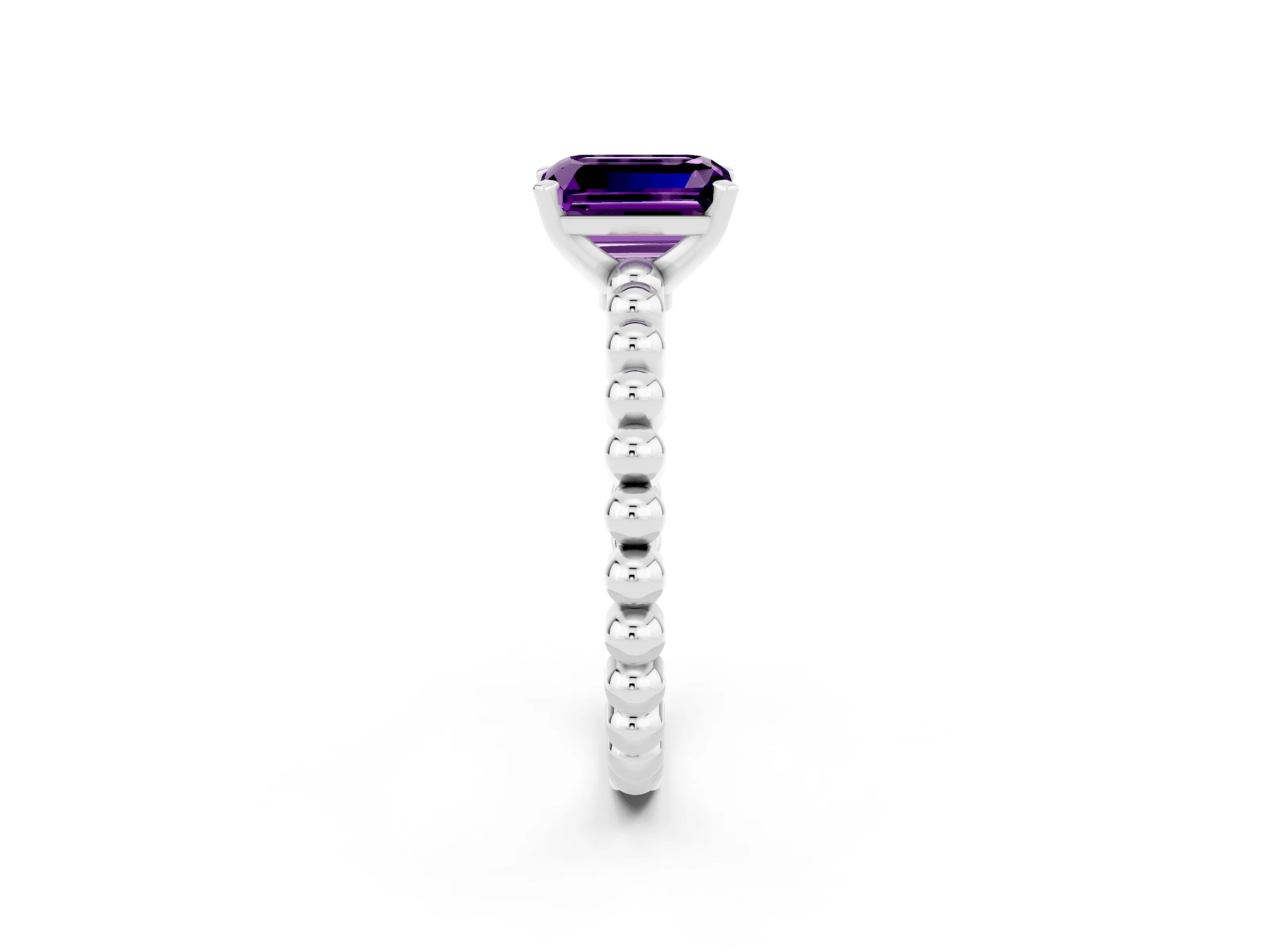 White gold Emerald Cut Amethyst Solitaire Ring with Beaded Band and Prong Setting_14