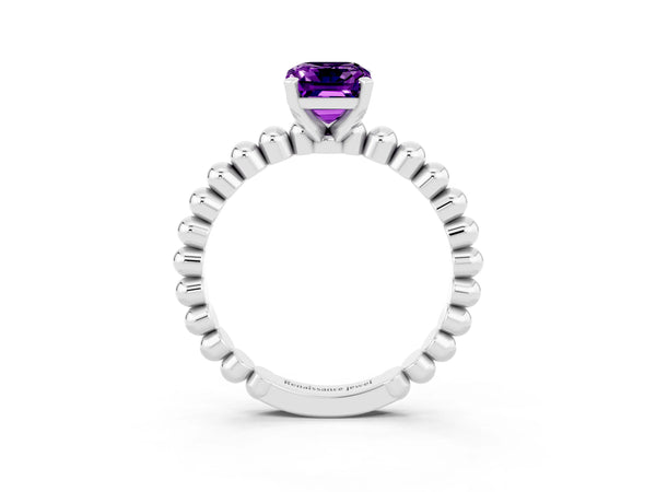 White gold Emerald Cut Amethyst Solitaire Ring with Beaded Band and Prong Setting