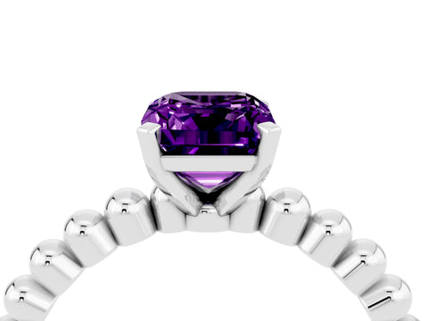 White gold Emerald Cut Amethyst Solitaire Ring with Beaded Band and Prong Setting_16