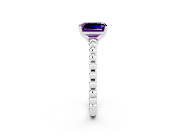 Platinum Emerald Cut Amethyst Solitaire Ring with Beaded Band and Prong Setting