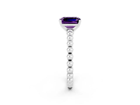 White gold Emerald Cut Amethyst Solitaire Ring with Beaded Band and Prong Setting_2