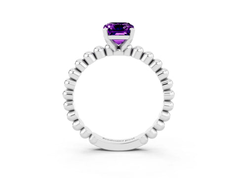 White gold Emerald Cut Amethyst Solitaire Ring with Beaded Band and Prong Setting_3