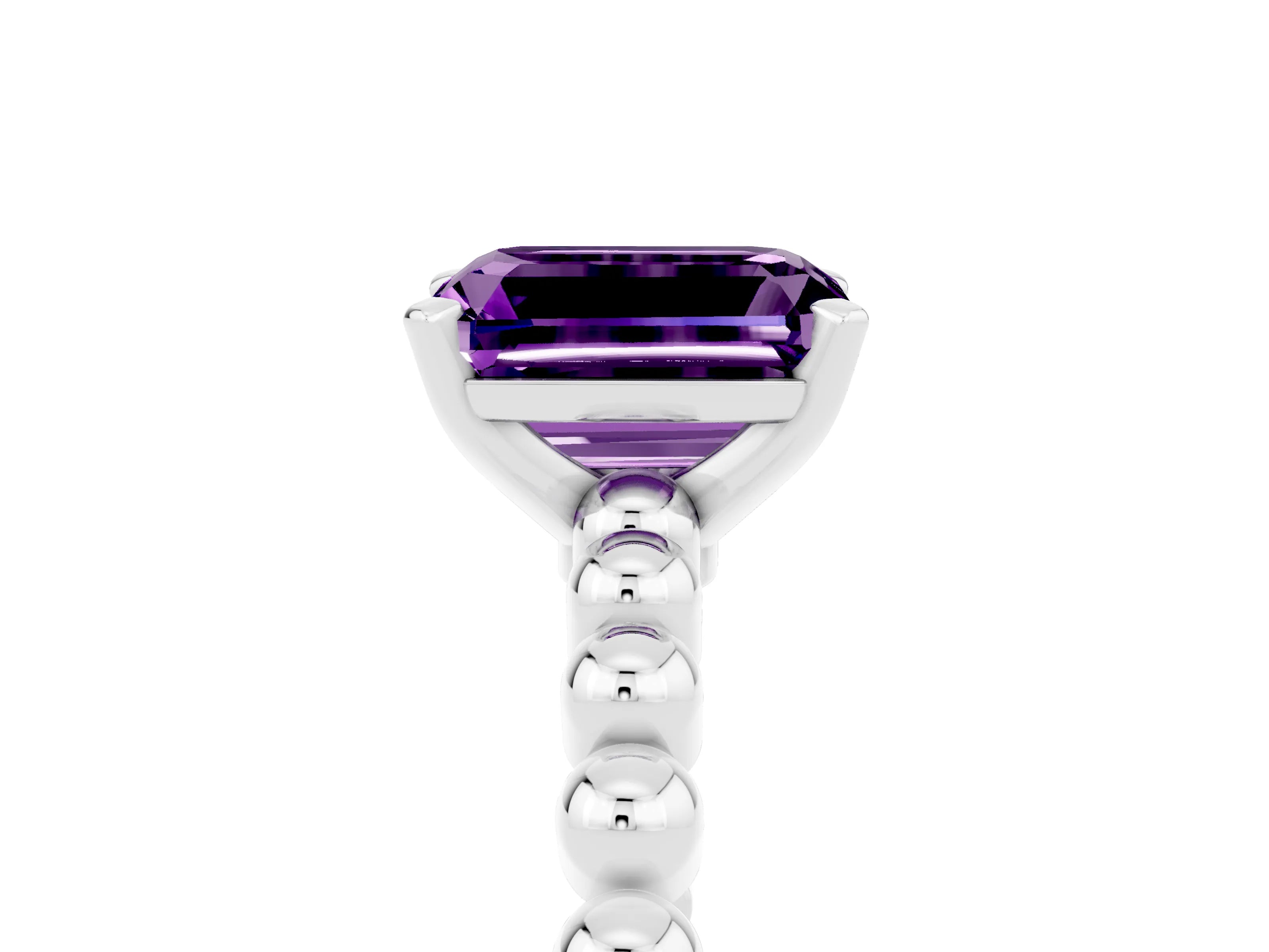 White gold Emerald Cut Amethyst Solitaire Ring with Beaded Band and Prong Setting_5