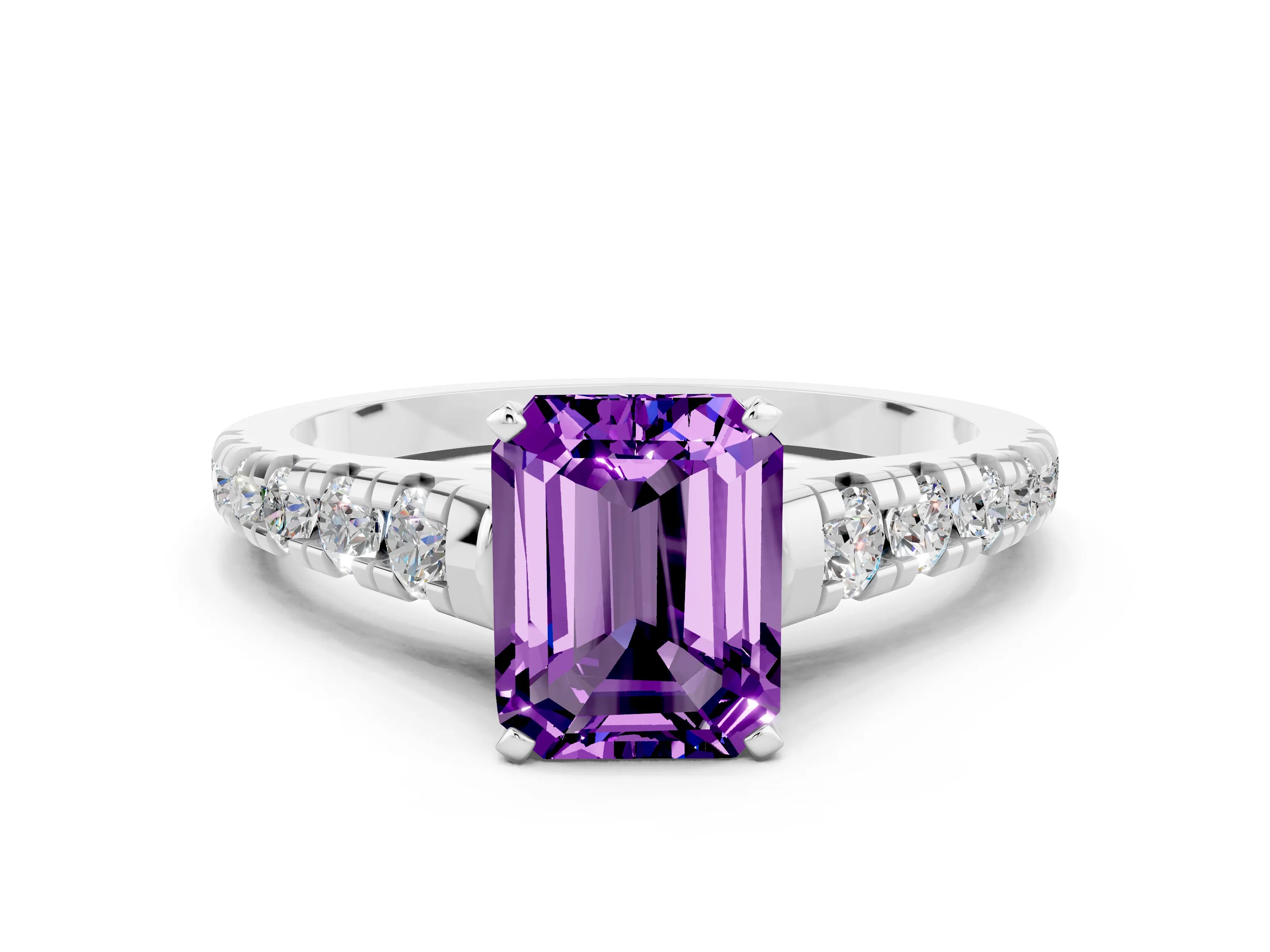 White gold Emerald Cut Amethyst Solitaire Ring with Cathedral Setting and Pavé Band