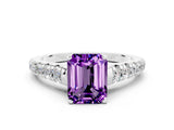 White gold Emerald Cut Amethyst Solitaire Ring with Cathedral Setting and Pavé Band
