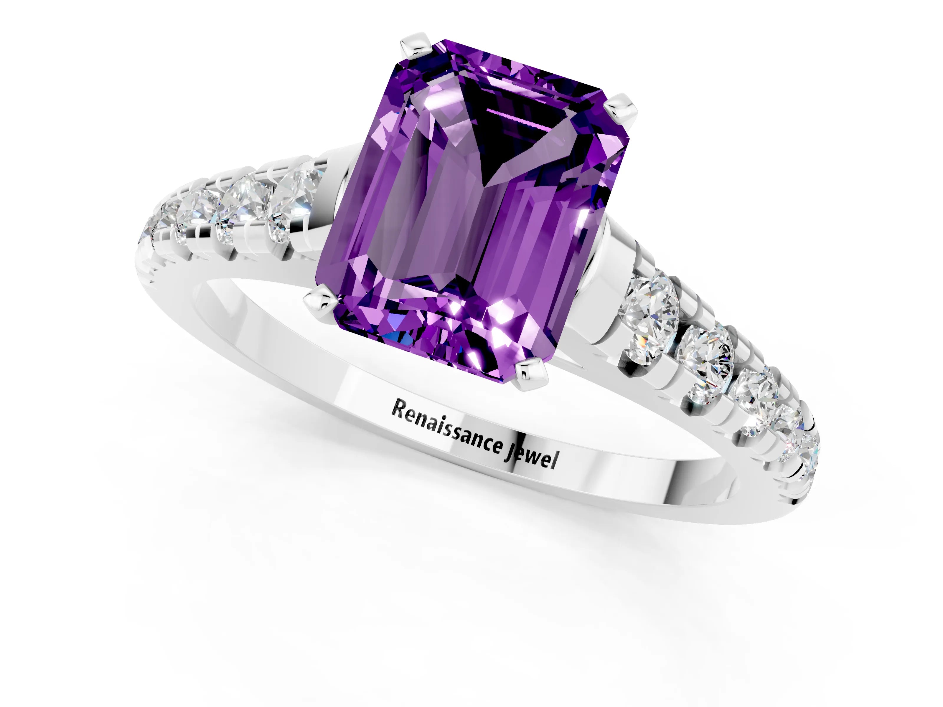 White gold Emerald Cut Amethyst Solitaire Ring with Cathedral Setting and Pavé Band_1