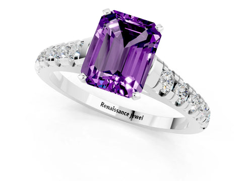 White gold Emerald Cut Amethyst Solitaire Ring with Cathedral Setting and Pavé Band_1