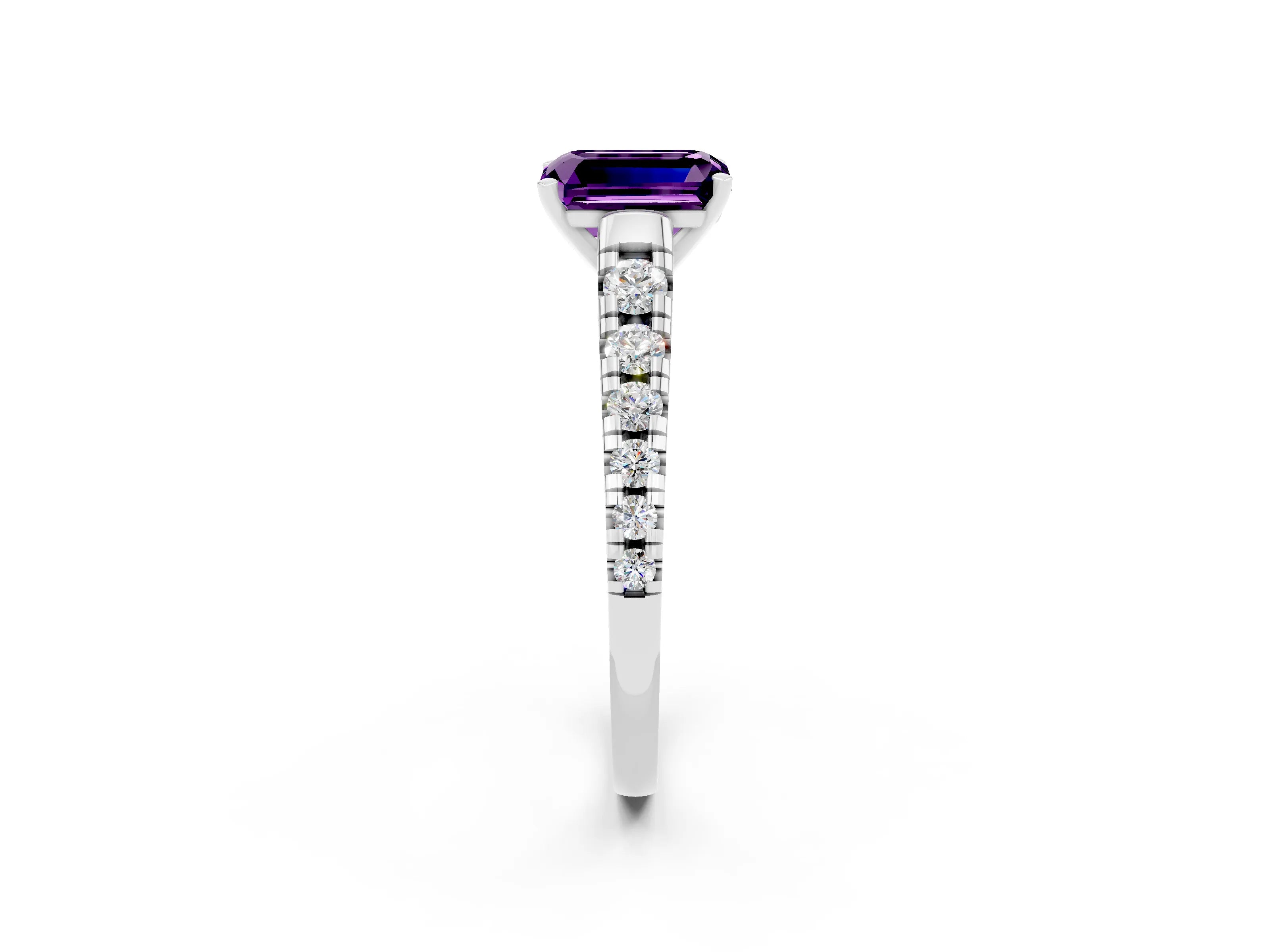 White gold Emerald Cut Amethyst Solitaire Ring with Cathedral Setting and Pavé Band_2