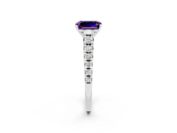 Silver Emerald Cut Amethyst Cathedral Solitaire Ring with Round  Pavé Band