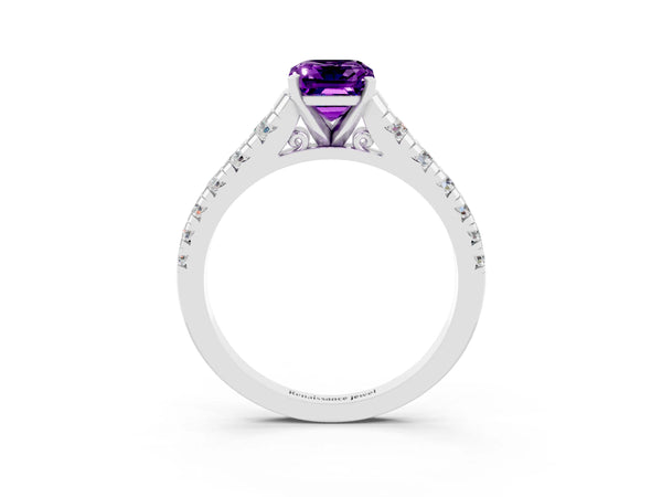Platinum Emerald Cut Amethyst Cathedral Solitaire Ring with Round  Pavé Band