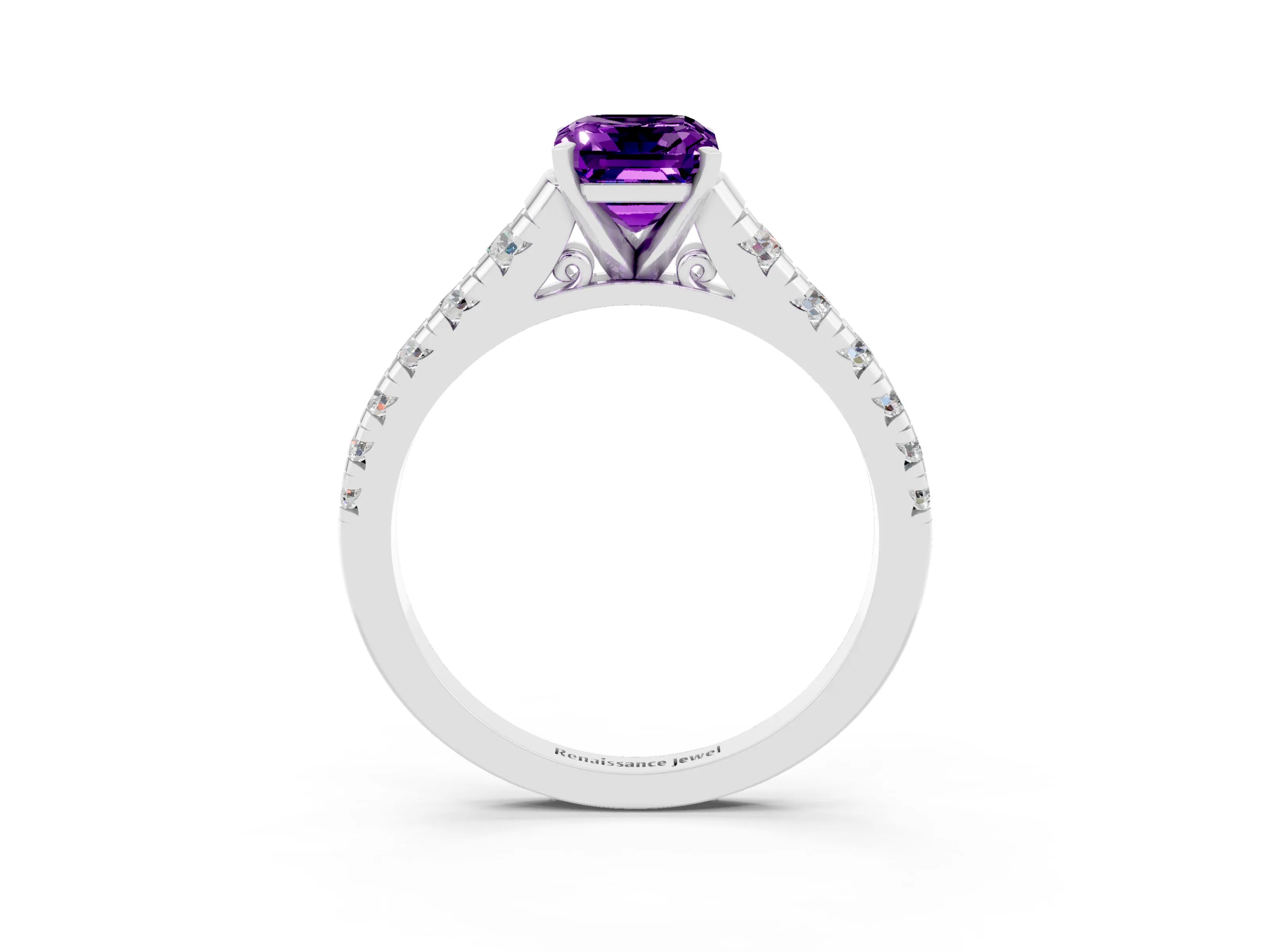White gold Emerald Cut Amethyst Solitaire Ring with Cathedral Setting and Pavé Band_3