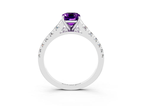 White gold Emerald Cut Amethyst Solitaire Ring with Cathedral Setting and Pavé Band_3