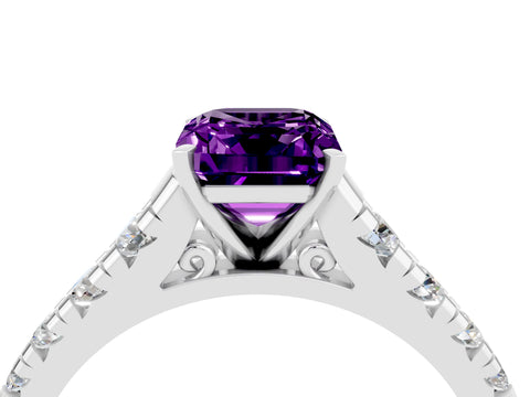 White gold Emerald Cut Amethyst Solitaire Ring with Cathedral Setting and Pavé Band_4