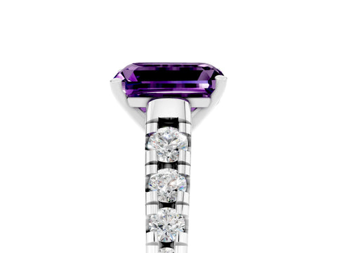White gold Emerald Cut Amethyst Solitaire Ring with Cathedral Setting and Pavé Band_5